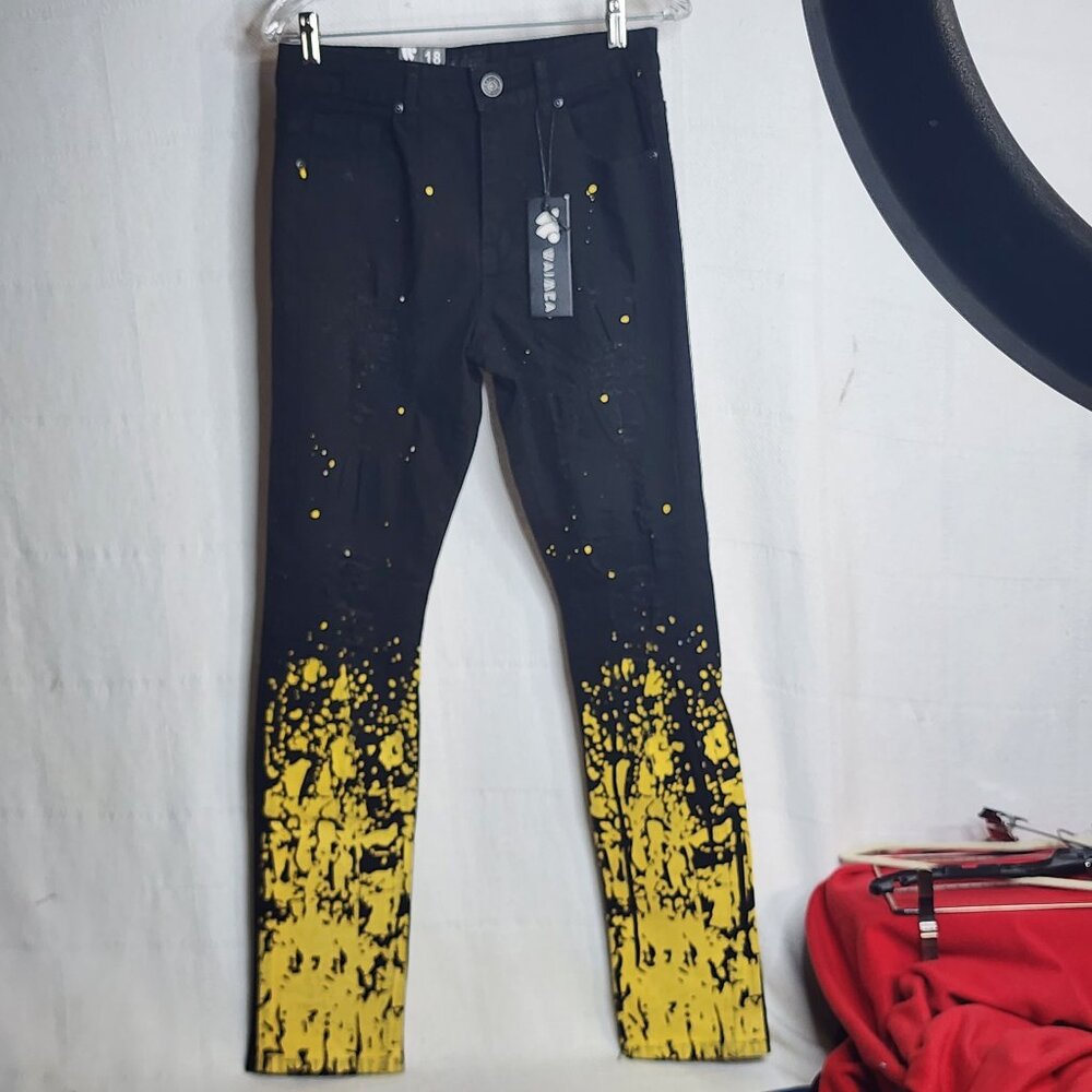 Waimea Skinny Fit Black Yellow Paint Splatter Distressed Cotton Poly Jeans Sz 18